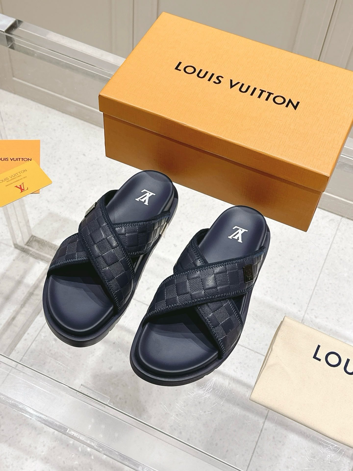Cross Damier Pattern Sandals Navy Blue
