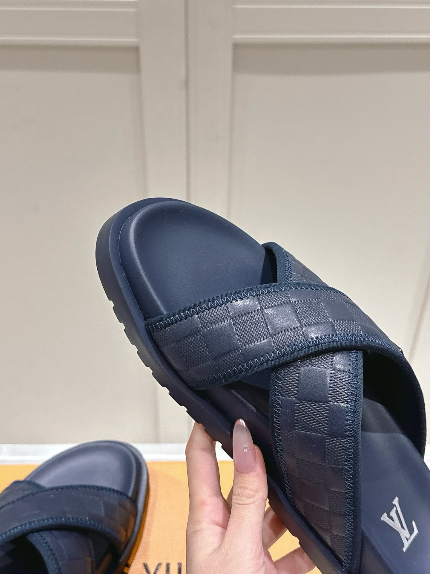 Cross Damier Pattern Sandals Navy Blue