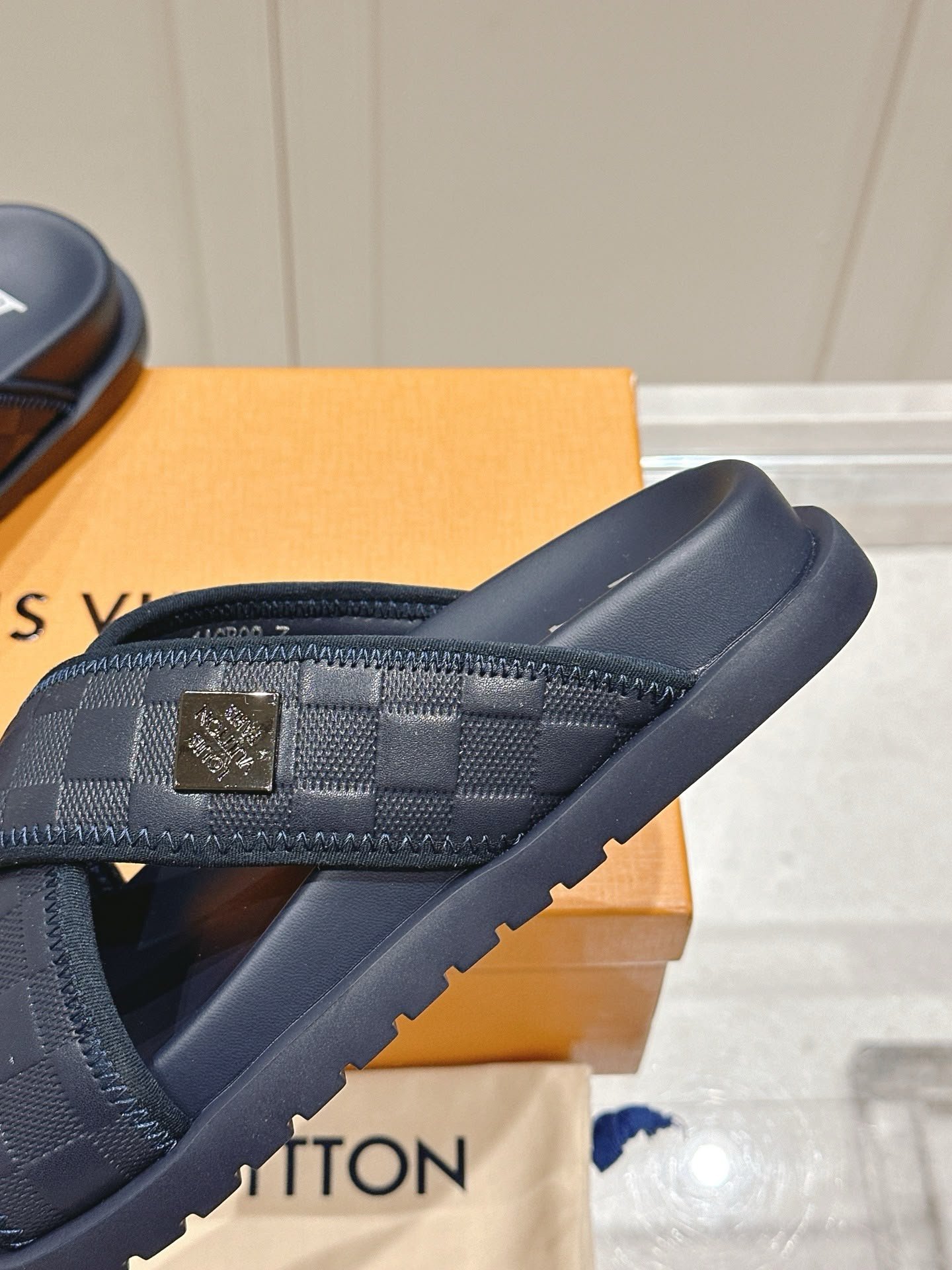 Cross Damier Pattern Sandals Navy Blue