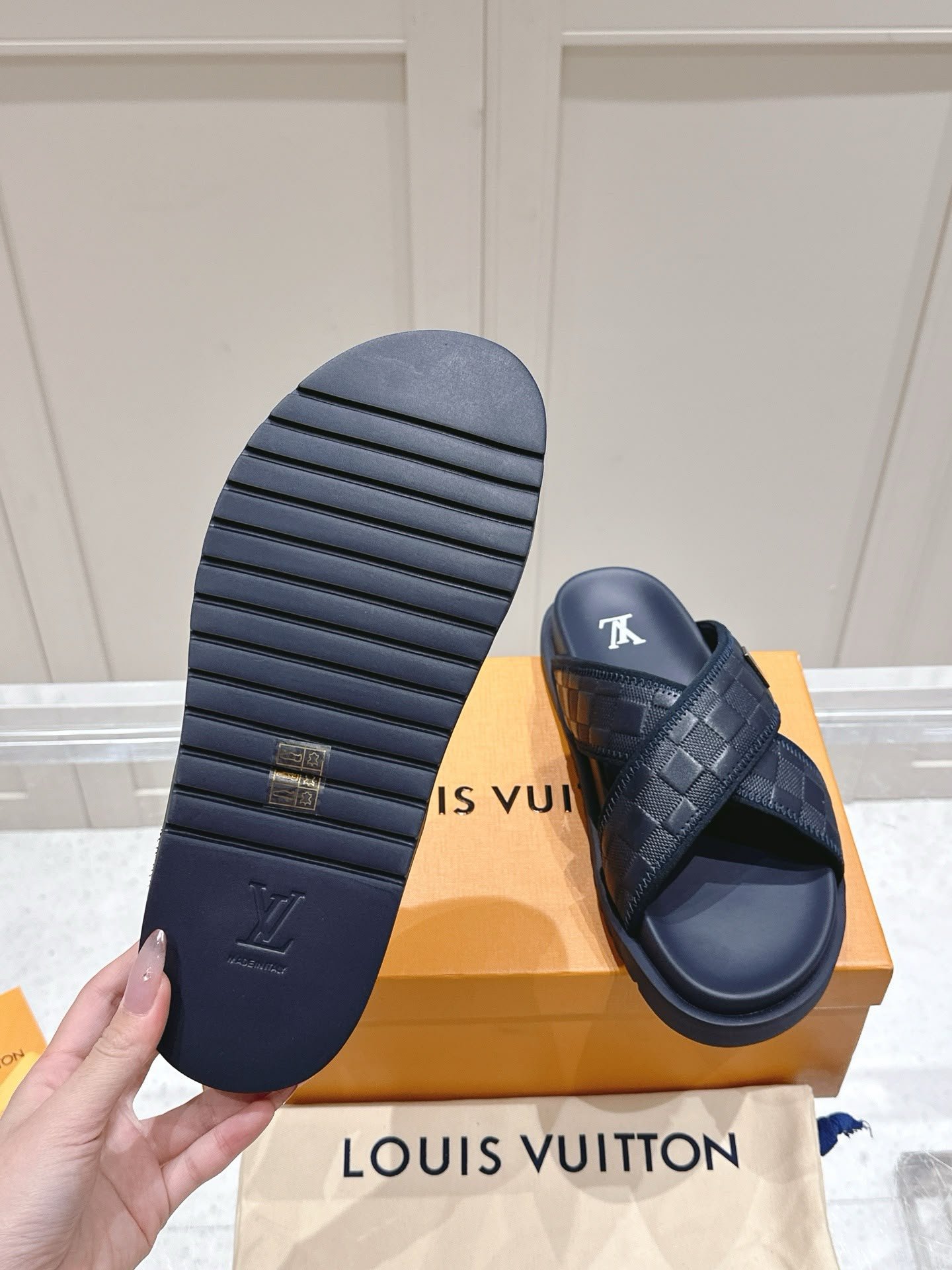 Cross Damier Pattern Sandals Navy Blue