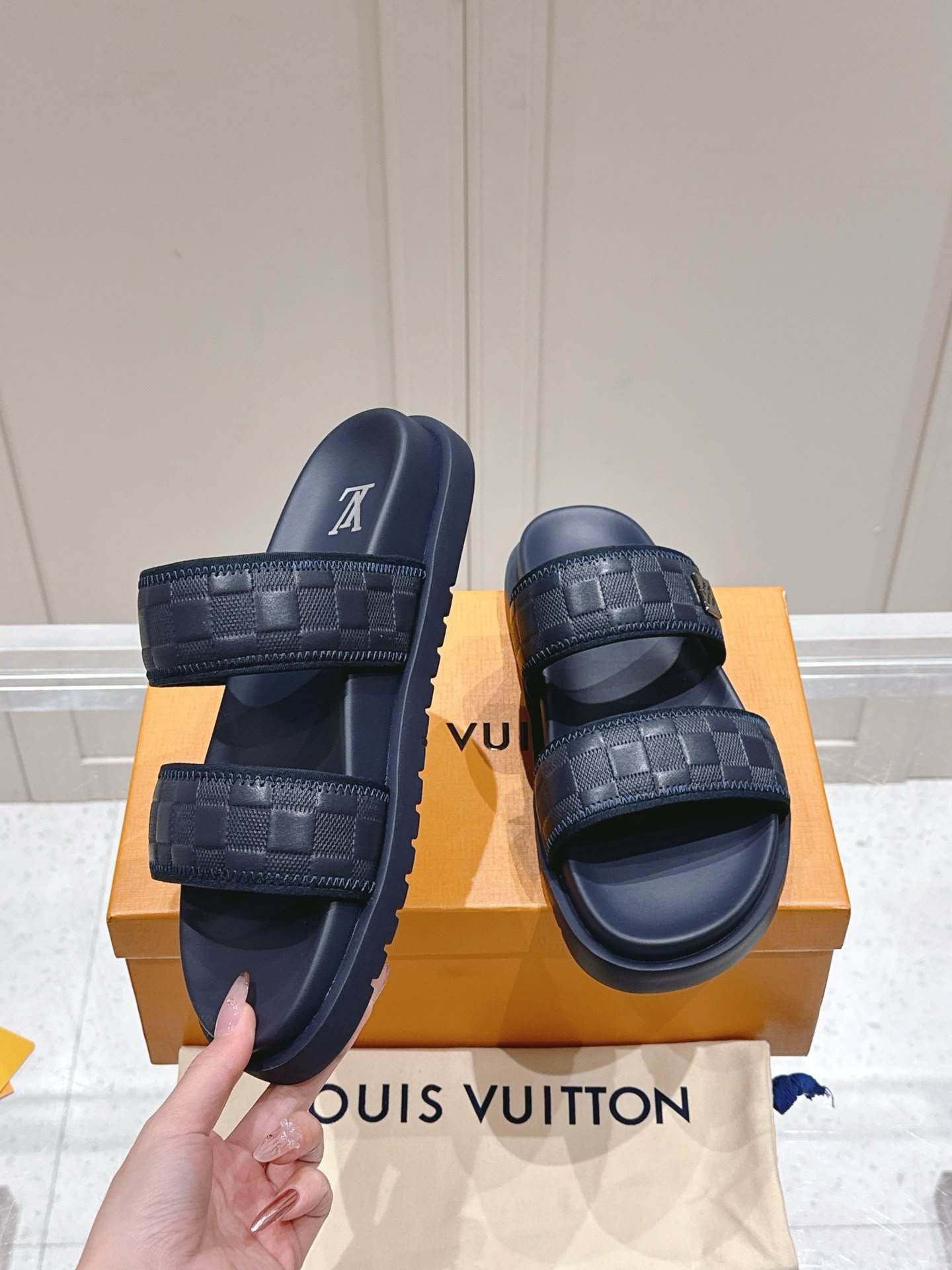 Damier Double Strap Sandals Navy Blue