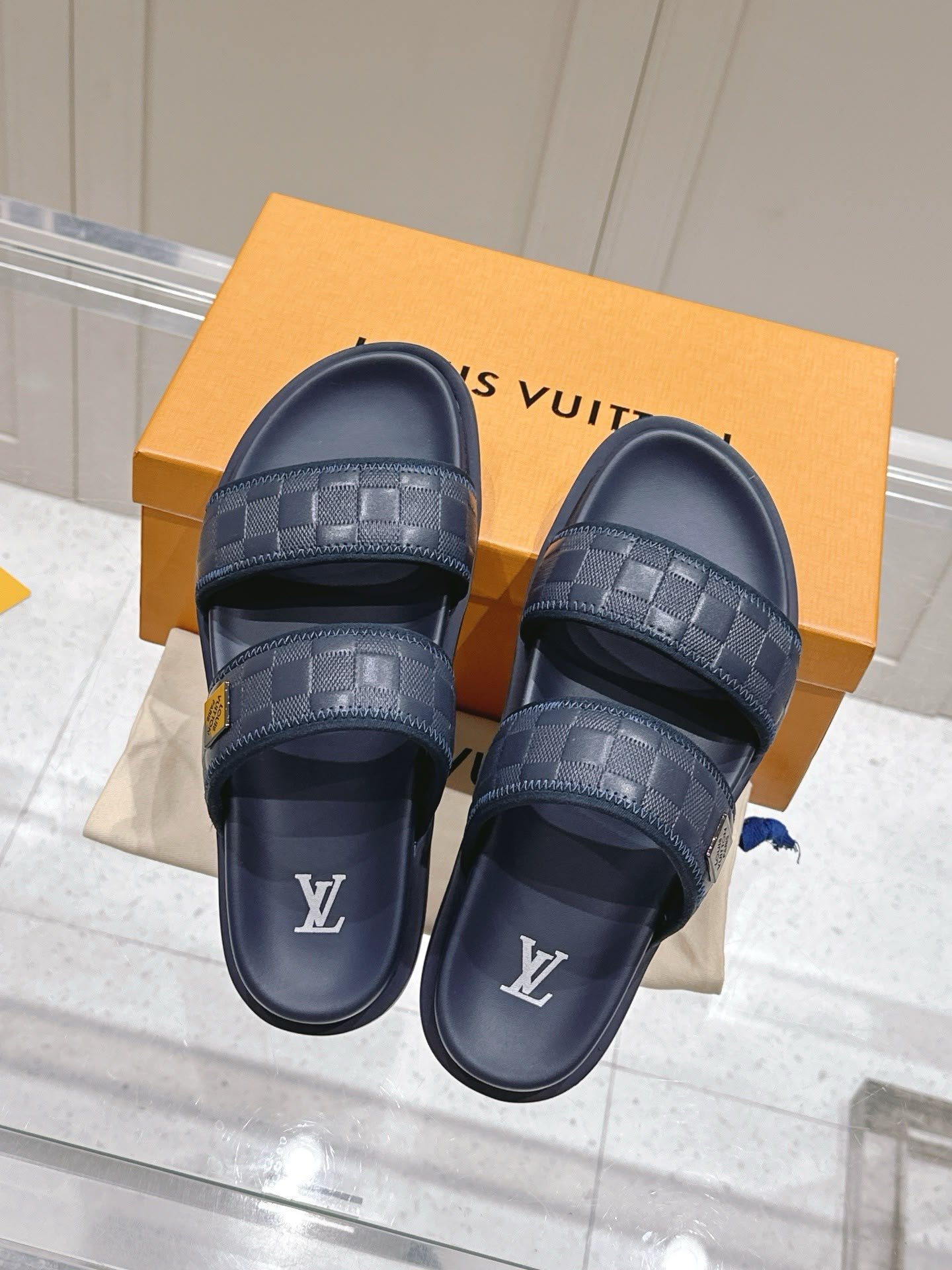 Damier Double Strap Sandals Navy Blue