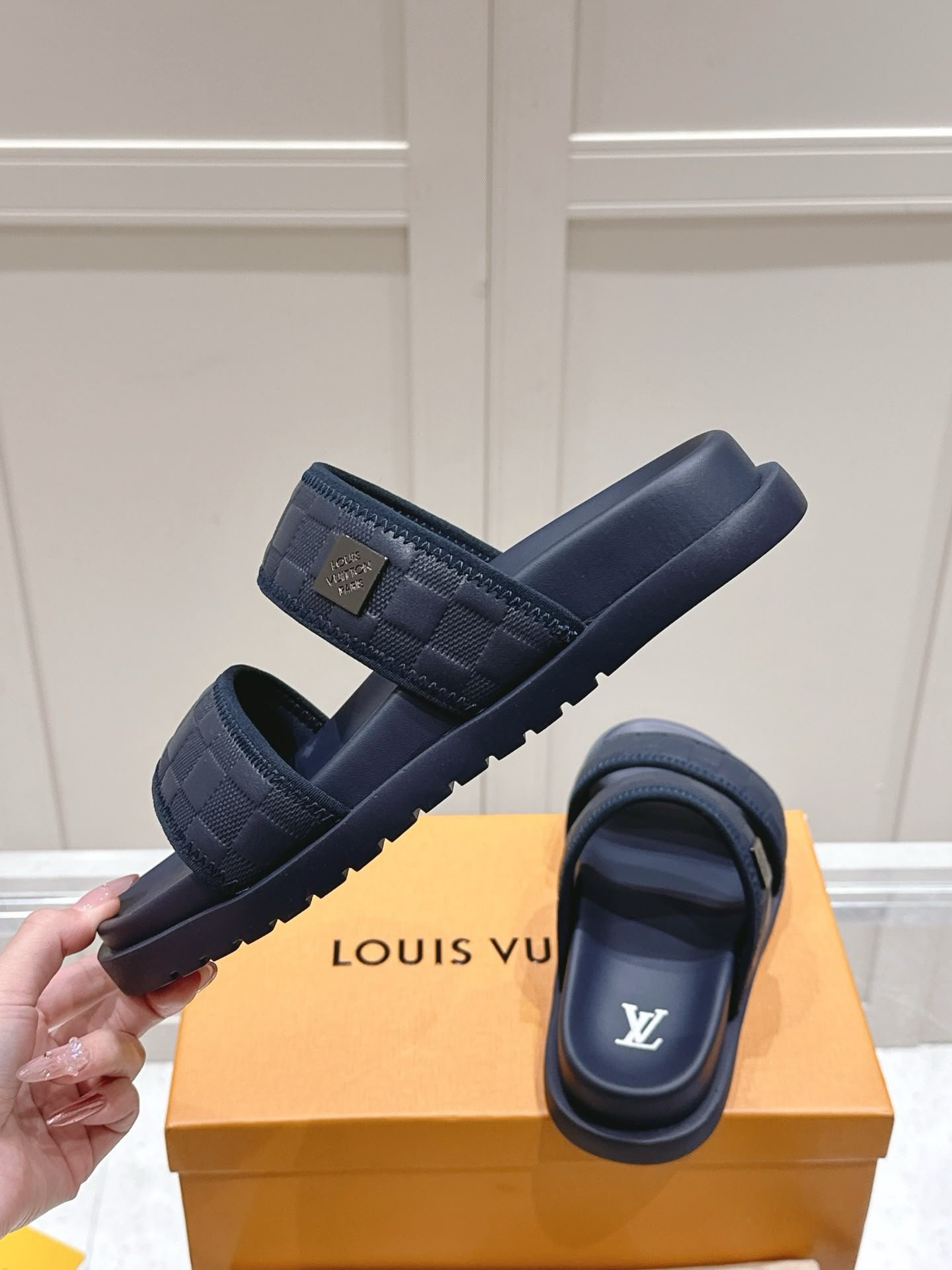 Damier Double Strap Sandals Navy Blue